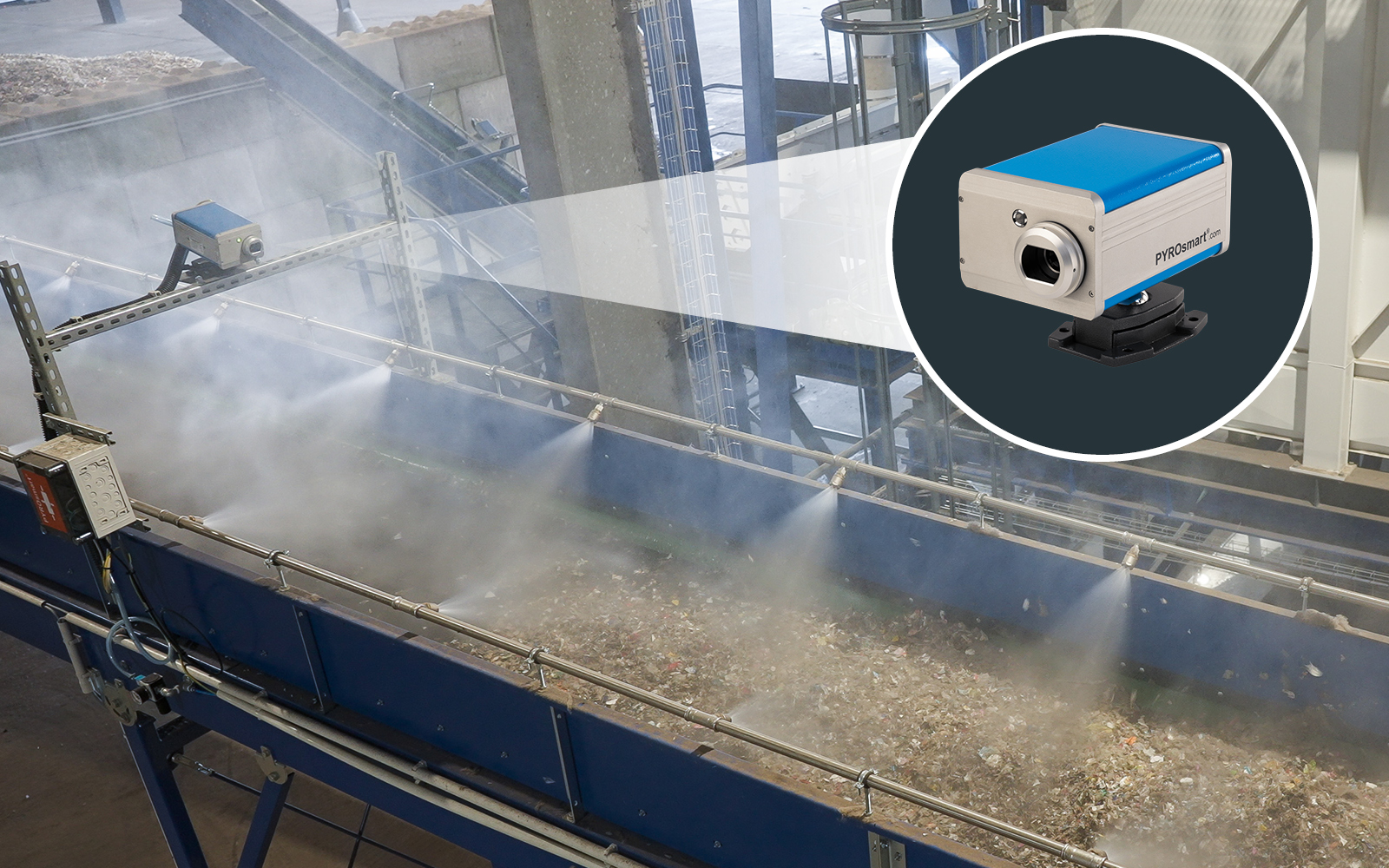 PYROsmart® NS monitors belt transfer points and triggers extinguishing using water mist nozzles
