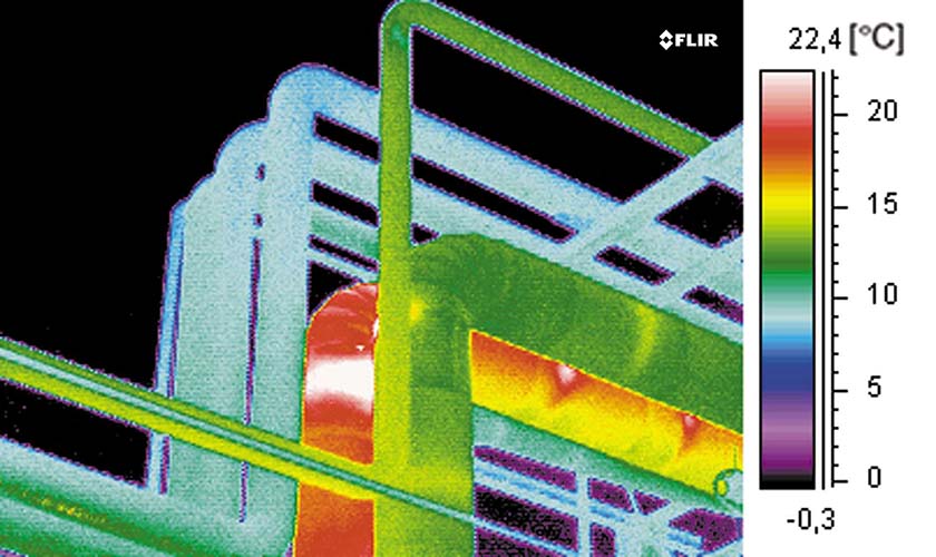 An industrial thermal imaging camera reveals a sagged insulation