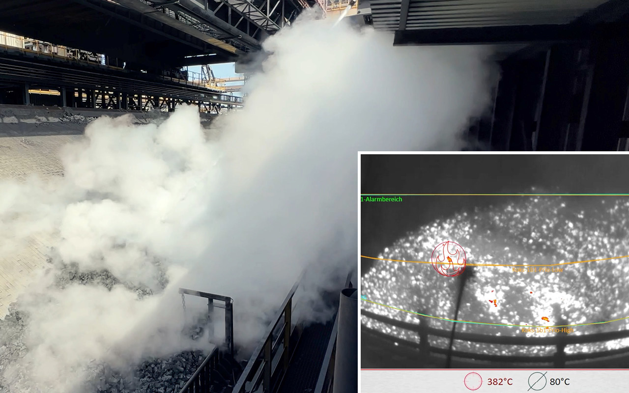 Fuerte desarrollo de vapor durante la extinción de coque. Todas las características son claramente visibles en la imagen infrarroja.