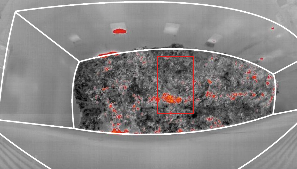 Waste bunker monitoring for early fire detection. The thermal image reveals localized hotspots.